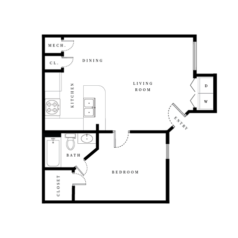 Floor plan for 1 bed, 1 bath, 655 sqft